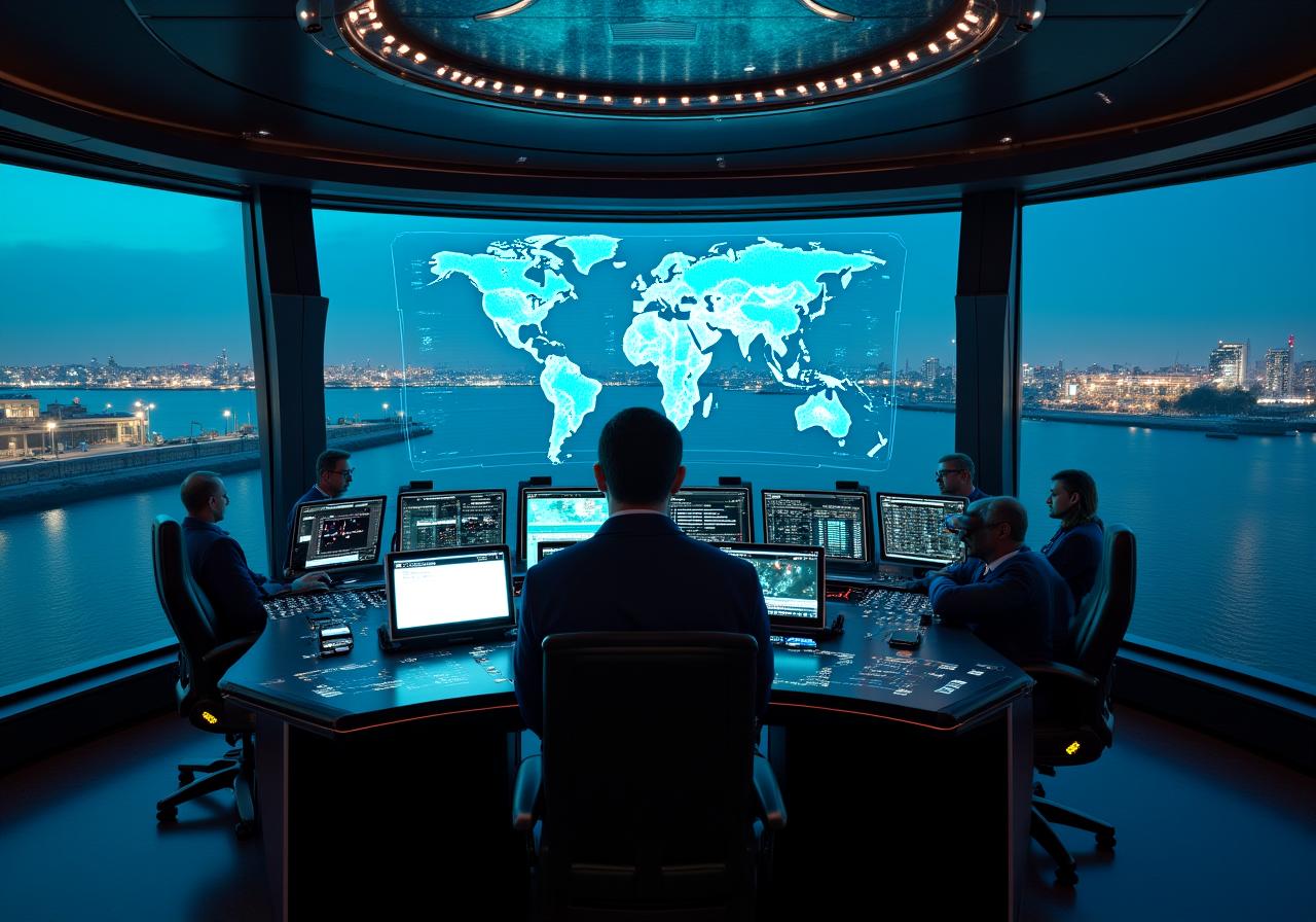 High-tech maritime monitoring station with AI interfaces showing global shipping lanes