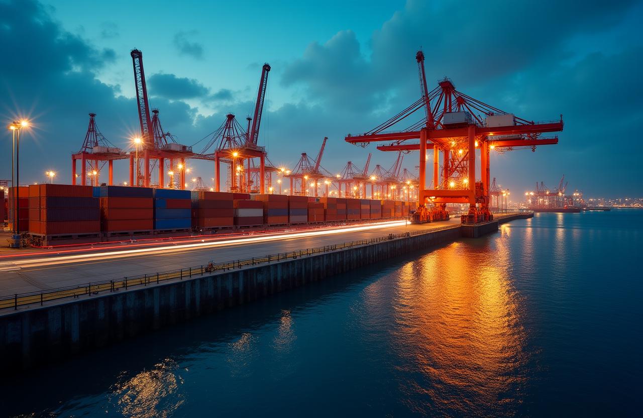 Automated container terminal at dusk with motion-blurred data streams