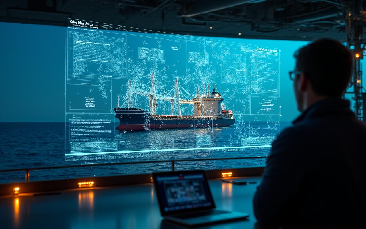 Futuristic AI interface overlaying a cargo ship navigation bridge